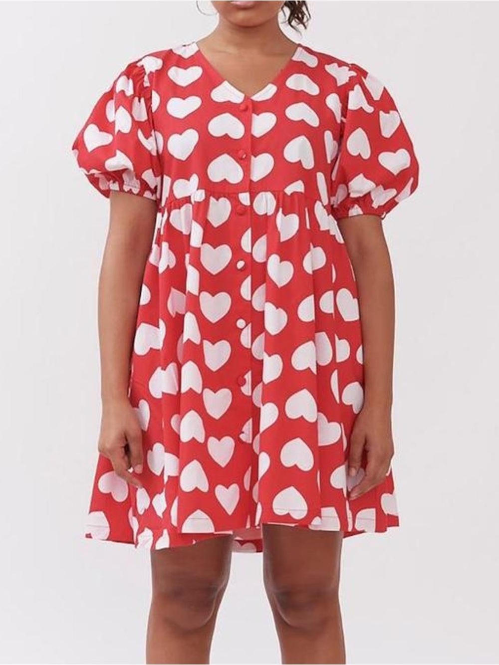 Lazy Oaf Red and White Heart-Print Puff-Sleeve Dress (UK 14/US 10)